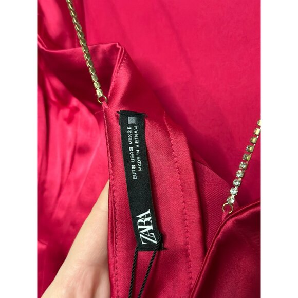 NWT Zara Effect Satin Hot Pink Mini Cocktail Dress With Jewel Straps SZ Small - Picture 7 of 10